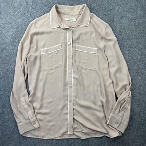 Ann Taylor Loft Shirt Womens Large Beige White Piping Button Front Blouse